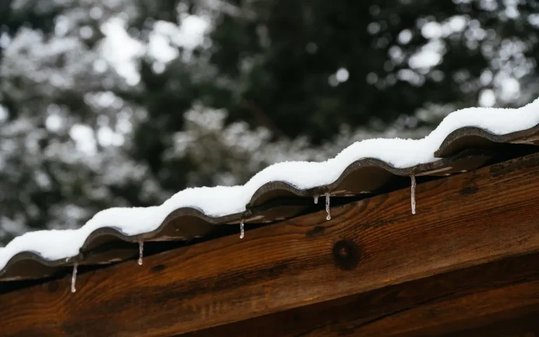 Snow on a roof edge with pine trees behind, roofers in Cloquet, MN