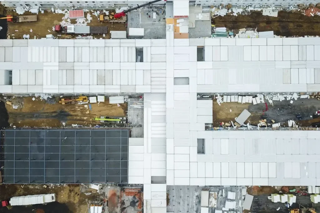Aerial view of a large commercial flat roof