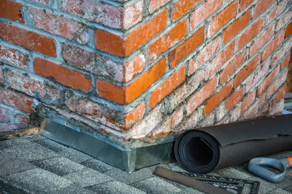 Membrane and flashing at a brick wall during a roof repair