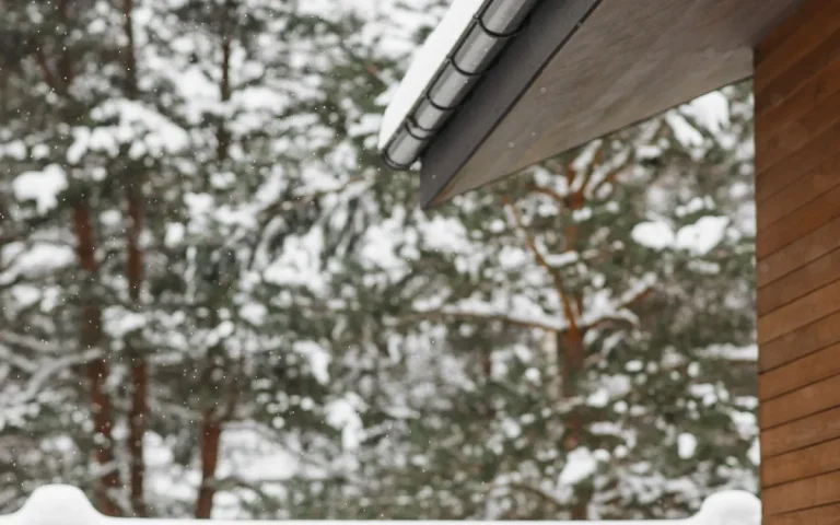 Snow-covered roof edge and pines, roofers in Rice Lake, MN